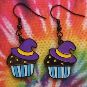 Black Purple Halloween Witch Hat Cupcake Earrings